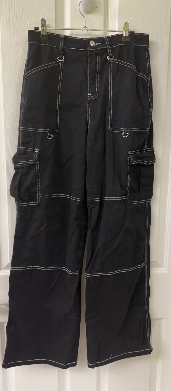 Rachel Paige black denim med cargo utility white stitching wide leg goth grunge